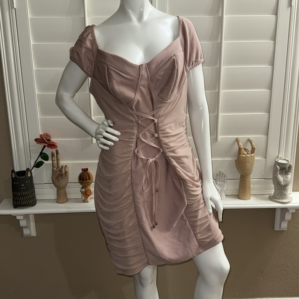 Haute Monde Blush Ruched Lace Up Bandage Dress